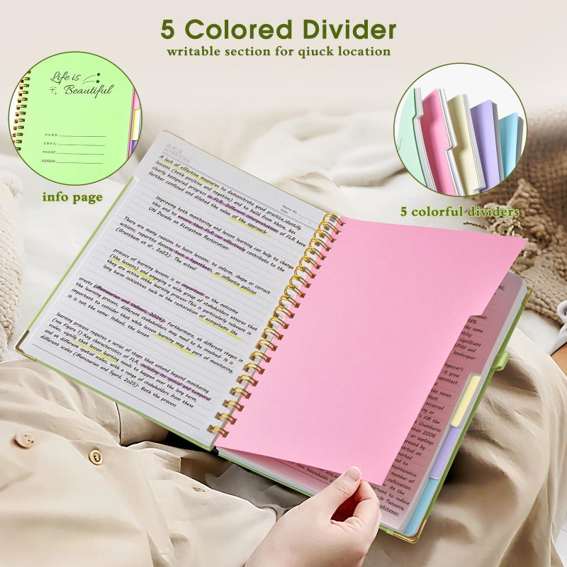 dilitego Hardcover Spiral Notebooks for Work, 5 Subject Notebook College Ruled with Dividers Tabs, Lined Organizer Notebook Journal for women, 8"x10" Large B5 Notebooks for School Note taking, 240 Pages Green - Image 3