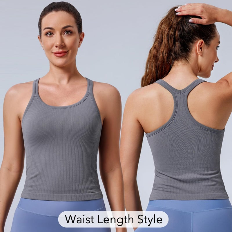 Evercute Women's 1/2/3 Pack Ribbed Workout Tank Tops with Built in Bra Racerback Seamless Crop Tank Tops Camisole Sport Tanks - Image 2