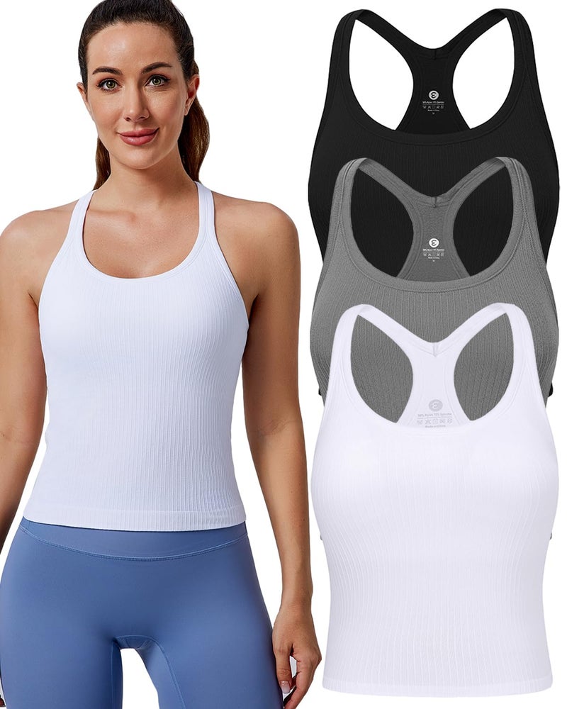 Evercute Women's 1/2/3 Pack Ribbed Workout Tank Tops with Built in Bra Racerback Seamless Crop Tank Tops Camisole Sport Tanks - Image 1