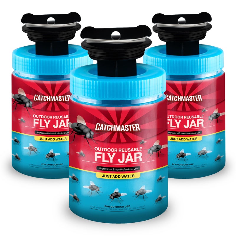 Catchmaster Fly Traps Outdoor 3-Pack with Airlock Lid for No-Mess Disposal, Pesticide-Free Hanging Fly Jars, Reusable Bug Catchers for Yard, Patio & Trash, Sets Up in Seconds - Image 1