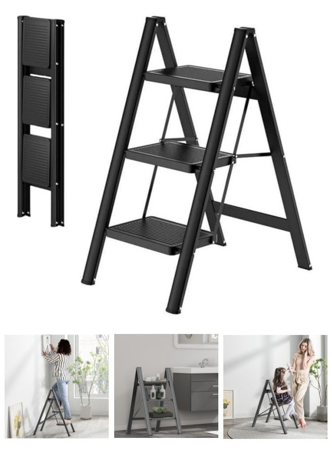 Generic 3 Step Ladder, Folding Step Stool Steel Stepladder Portable Home Ladder Storage Shelf Rack, 330lbs Load Capacity, with Wide Anti-Slip Pedal for Household, Office, Plant Pots Displaying  - Image 1