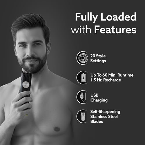 AGARO MT 8001 Beard Trimmer for Men, 60min Run Time, USB Charging, Fast Charge, 20 Length Setting, Rechargeable Battery, Black - Image 2