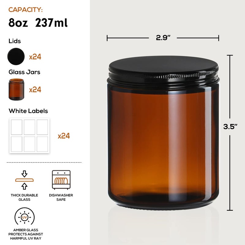 Aozita 24 Pack, 8 OZ Thick Amber Candle Jars for Making Candle - Round Glass Jars with Lids - Empty Food Storage Containers, Canning/Mason Jar For Spice, Powder, Liquid, Sample - Leakproof & Food Grade - Image 2