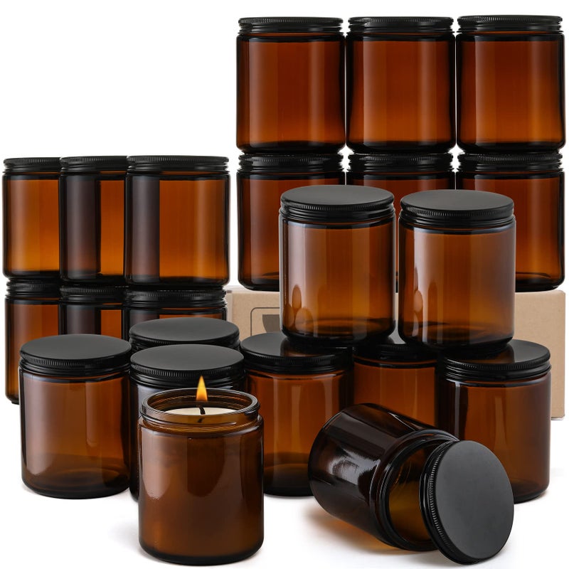 Aozita 24 Pack, 8 OZ Thick Amber Candle Jars for Making Candle - Round Glass Jars with Lids - Empty Food Storage Containers, Canning/Mason Jar For Spice, Powder, Liquid, Sample - Leakproof & Food Grade - Image 1