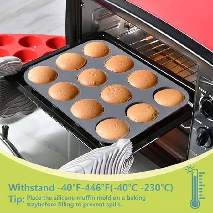 2 عبوة صواني مافن صينية مافن 12 كوب من السيليكون مافن كيك كب كيك غير عصا قصدير 12 قالب خبز عميق للكعك أو الكب كيكقوالب الخبز 30 × 22 × 3 سم - Image 4