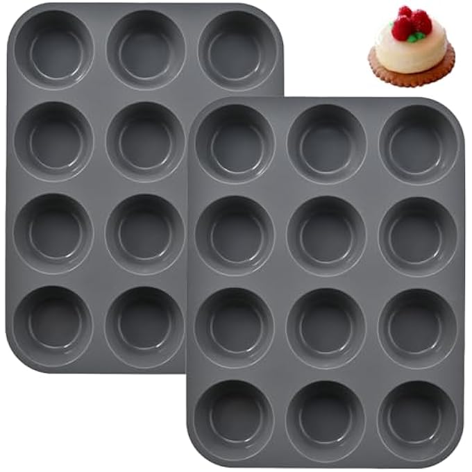 2 عبوة صواني مافن صينية مافن 12 كوب من السيليكون مافن كيك كب كيك غير عصا قصدير 12 قالب خبز عميق للكعك أو الكب كيكقوالب الخبز 30 × 22 × 3 سم - Image 1