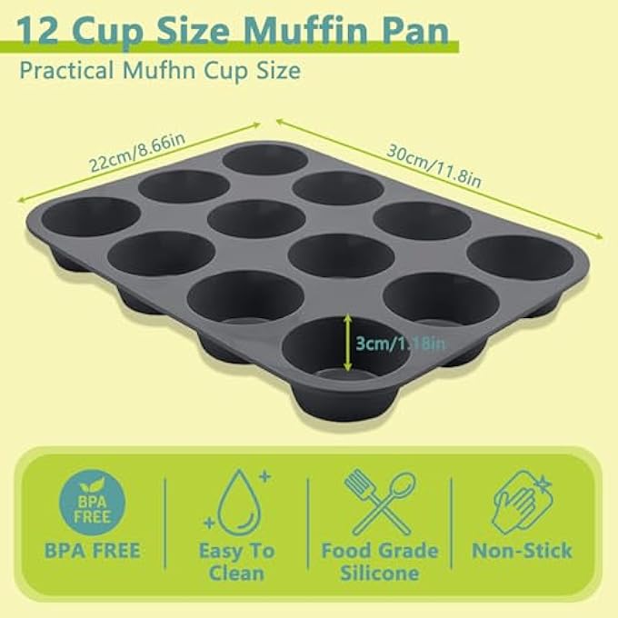 2 عبوة صواني مافن صينية مافن 12 كوب من السيليكون مافن كيك كب كيك غير عصا قصدير 12 قالب خبز عميق للكعك أو الكب كيكقوالب الخبز 30 × 22 × 3 سم - Image 2