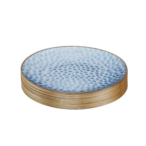 PLASTICPRO 30 Pack Hammered Plastic Plates Heavyweight Disposable Plastic Plates Elegant Clear Hammered Rim Platsic Party Dishes Blue With Gold Rim 7 INCH PLATES