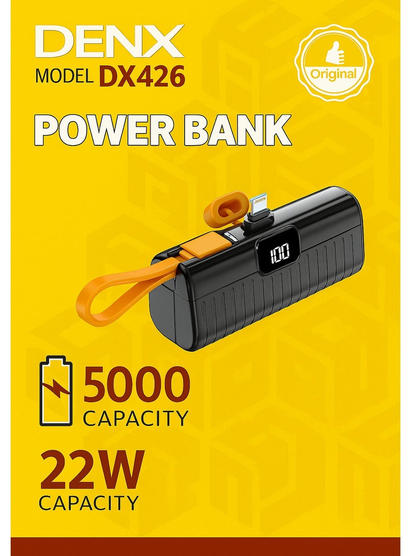 Denx DENX DX426 5000mAh Mini Power Bank with Built-in Charging Cable | 22W Fast Charging | LED Display | Compact Portable Charger for Mobile, iPhone, Android  - Image 1
