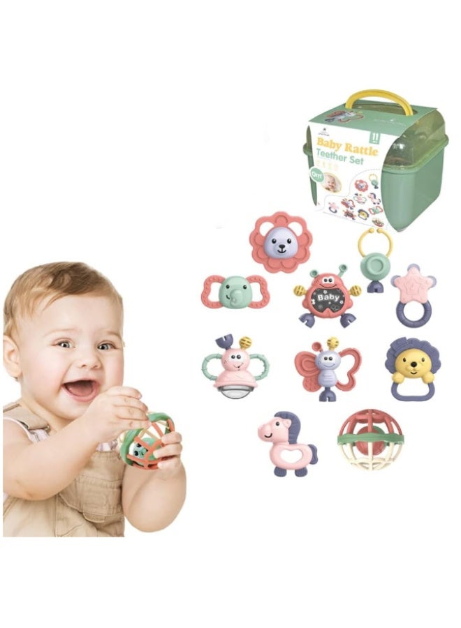 Baby Rattles and Teethers Set – 10PCS BPA-Free Baby Toys for 0-12 Months with Storage Box, Soft Silicone Teething Toys for Newborns, Rattle Sensory Toys for 3-6-12 Month Boys & Girls - Image 1
