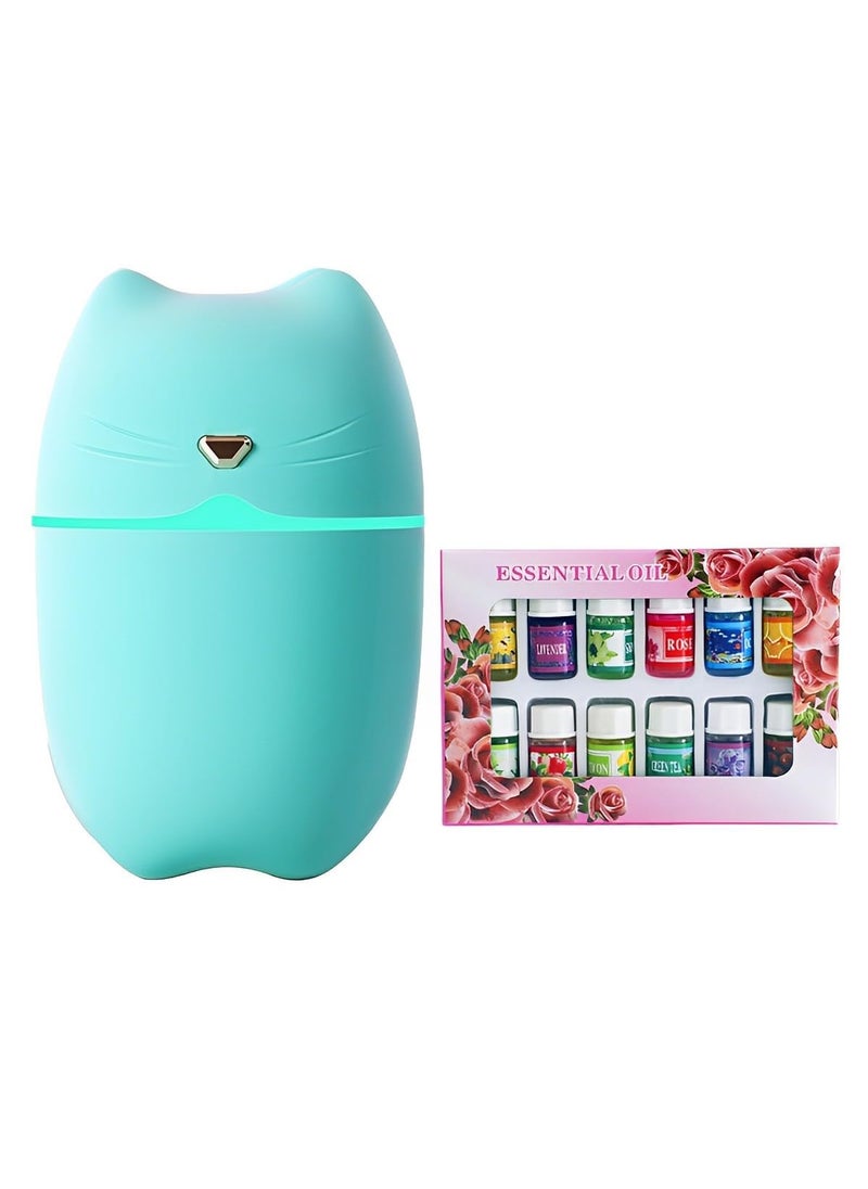 RavSo RavSo 3in1 USB Powered Cute Cat Styled Small Cool Mist Air Humidifier Ultrasonic Aroma Diffuser Set of 12 WaterSoluble Plant Essential Oils Colorful Night Light with 2 Modes A6 Green  - Image 1
