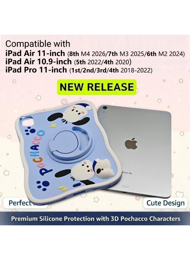غطاء واقي من السيليكون لجهاز iPad Air، متوافق مع iPad Air مقاس 11 بوصة (الجيل السادس/السابع/الثامن)، iPad Air مقاس 10.9 بوصة (الجيل الخامس طراز 2022/الجيل الرابع طراز 2020) وiPad Pro مقاس 11 بوصة (الجيل الأول/الثاني/الثالث/الرابع طرازات 2018–2022)، مزود بحامل قابل للدوران 360 درجة، غطاء بتصميم كرتوني Pochacco - Image 4
