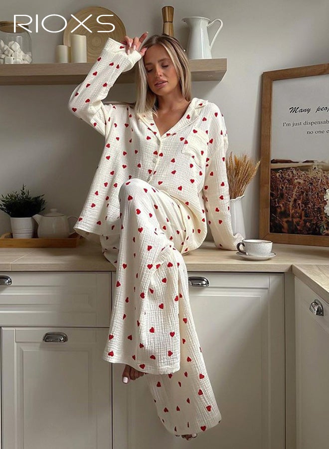 ريوكس مجموعة بيجامات نسائي، قميص أحمر منقوش بأكمام طويلة وأزرار وبنطال بخصر مطاطي، مجموعة ملابس نوم مريح ناعم مع جيوب، مناسب للسفر المنزلي أو الفندقي أو السكن الجامعي. - Image 2