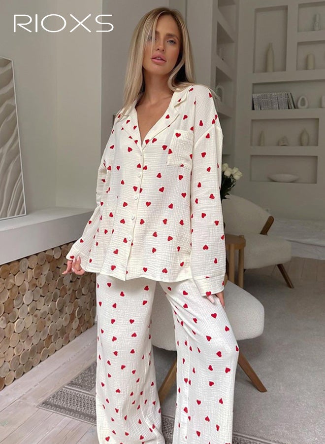 ريوكس مجموعة بيجامات نسائي، قميص أحمر منقوش بأكمام طويلة وأزرار وبنطال بخصر مطاطي، مجموعة ملابس نوم مريح ناعم مع جيوب، مناسب للسفر المنزلي أو الفندقي أو السكن الجامعي. - Image 4