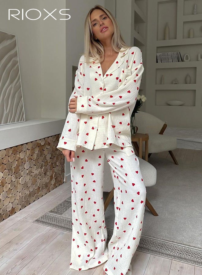 ريوكس مجموعة بيجامات نسائي، قميص أحمر منقوش بأكمام طويلة وأزرار وبنطال بخصر مطاطي، مجموعة ملابس نوم مريح ناعم مع جيوب، مناسب للسفر المنزلي أو الفندقي أو السكن الجامعي. - Image 1