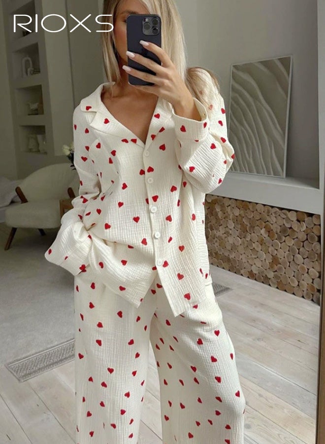 ريوكس مجموعة بيجامات نسائي، قميص أحمر منقوش بأكمام طويلة وأزرار وبنطال بخصر مطاطي، مجموعة ملابس نوم مريح ناعم مع جيوب، مناسب للسفر المنزلي أو الفندقي أو السكن الجامعي. - Image 5