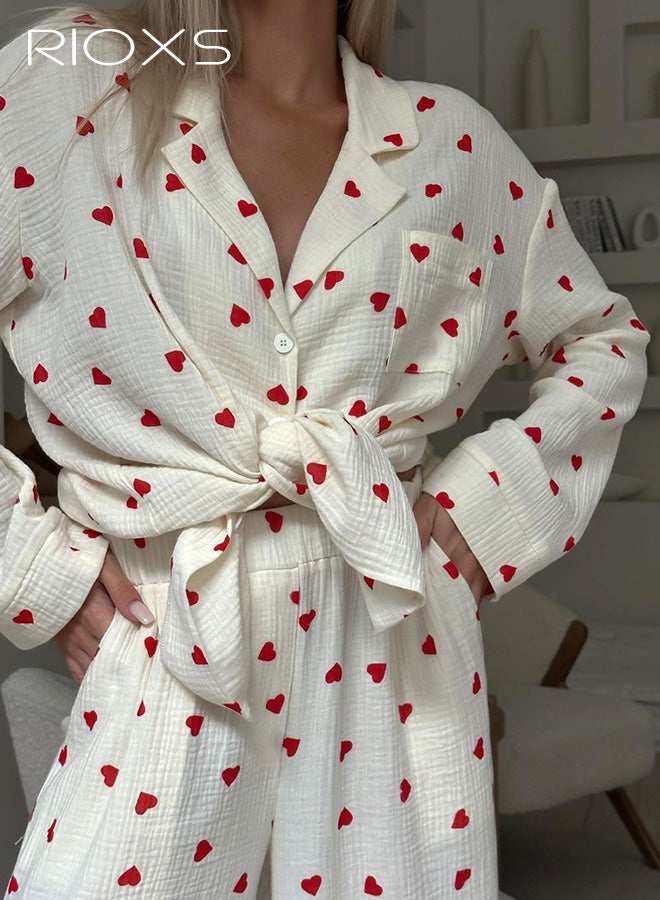 ريوكس مجموعة بيجامات نسائي، قميص أحمر منقوش بأكمام طويلة وأزرار وبنطال بخصر مطاطي، مجموعة ملابس نوم مريح ناعم مع جيوب، مناسب للسفر المنزلي أو الفندقي أو السكن الجامعي. - Image 3