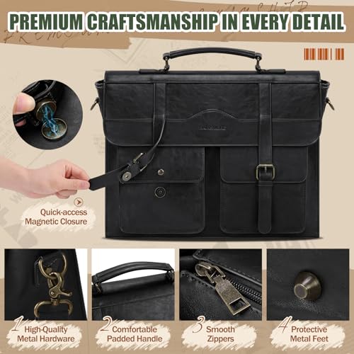 RAINSMORE Mens Messenger Bag 17 Inch Vintage Leather Laptop Briefcase Magnetic Closure Large Satchel Computer Shoulder Bag for Office Travel College, Black - Image 5