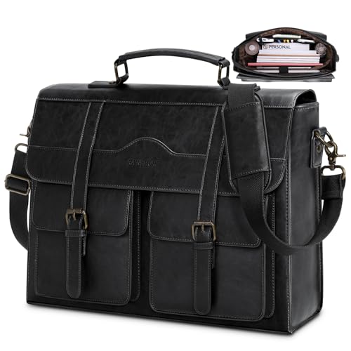 RAINSMORE Mens Messenger Bag 17 Inch Vintage Leather Laptop Briefcase Magnetic Closure Large Satchel Computer Shoulder Bag for Office Travel College, Black - Image 1