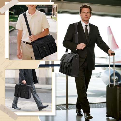 RAINSMORE Mens Messenger Bag 17 Inch Vintage Leather Laptop Briefcase Magnetic Closure Large Satchel Computer Shoulder Bag for Office Travel College, Black - Image 2