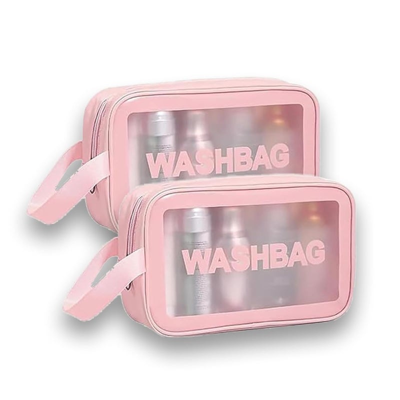 Gritty Wash Bag Pouch for Travel Kit Toiletry Bag Cosmetic Bag Make Up Box for Brushes,Accessories with Handle,Large Capacity Translucent Waterproof Travel Storage Mini Size Pack of 2 (Pink) - Image 1