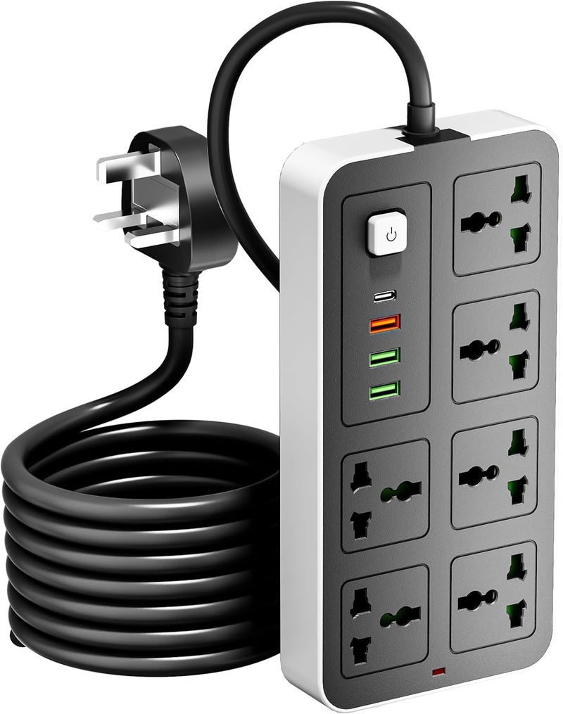 انفلكس كابل تمديد بطول 3 أمتار مع 6 منافذ ومنافذ USB من النوع C، وواقي من التيار الزائد ومحول متعدد المقابس، وكابل طاقة، ومحور USB ذكي مع مقبس - مثالي للألعاب مع قابس مدمج 13 أمبير - Image 1