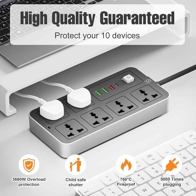 انفلكس كابل تمديد بطول 3 أمتار مع 6 منافذ ومنافذ USB من النوع C، وواقي من التيار الزائد ومحول متعدد المقابس، وكابل طاقة، ومحور USB ذكي مع مقبس - مثالي للألعاب مع قابس مدمج 13 أمبير - Image 3