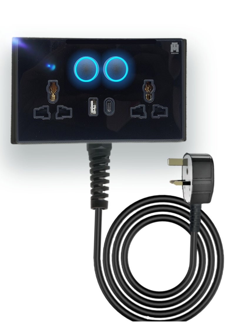 Hassan Hassan USB-C & USB-A Dual Universal Socket Extension with Neon Indicator - Versatile Charging Options, High Power Output, Glass Finish, Futuristic Neon Indicator, Efficient & Safe  - Image 1