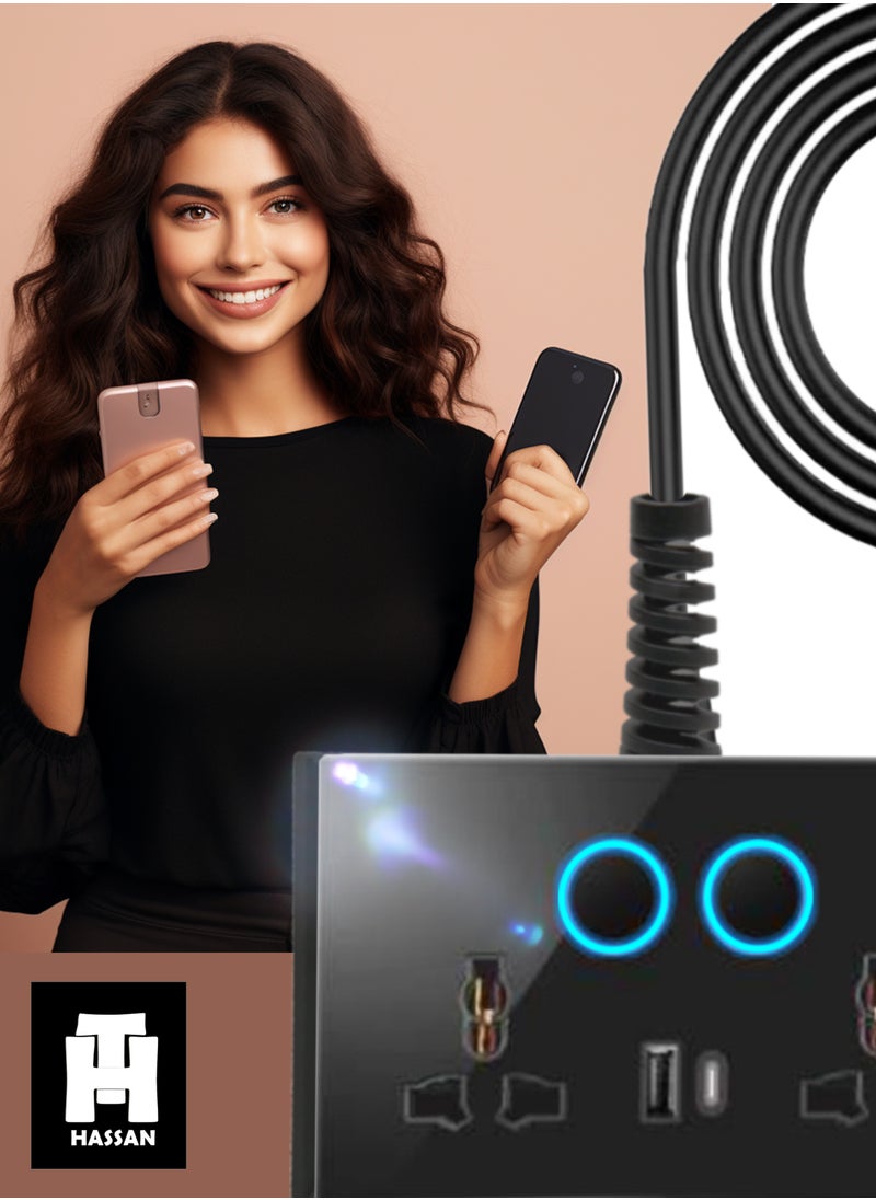 Hassan Hassan USB-C & USB-A Dual Universal Socket Extension with Neon Indicator - Versatile Charging Options, High Power Output, Glass Finish, Futuristic Neon Indicator, Efficient & Safe  - Image 2