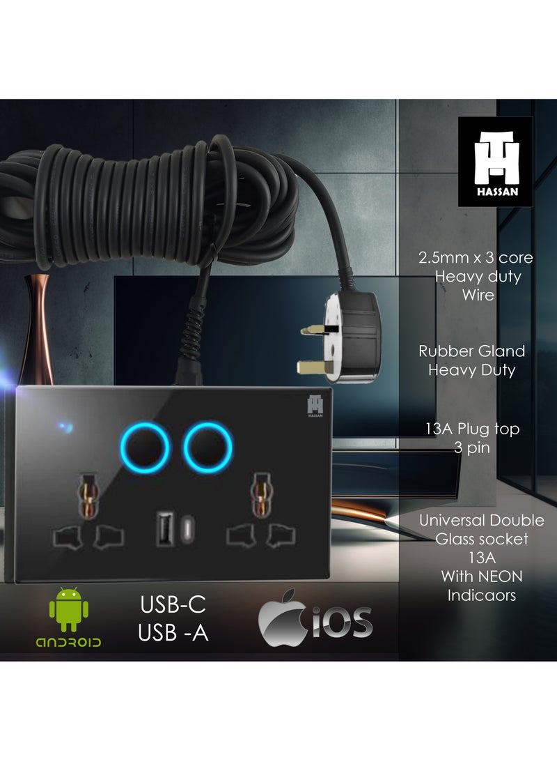 Hassan Hassan USB-C & USB-A Dual Universal Socket Extension with Neon Indicator - Versatile Charging Options, High Power Output, Glass Finish, Futuristic Neon Indicator, Efficient & Safe  - Image 4