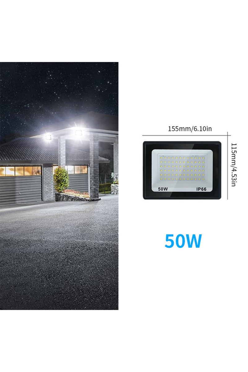 كشاف LED أبيض بارد بقدرة 50 واط يعمل بجهد 220 فولت تيار متردد (175-265 فولت)، وجهد 110 فولت تيار متردد بقدرة 10-300 واط، ومقاوم للماء بمعيار IP66، مناسب للاستخدام الخارجي على الجدران.