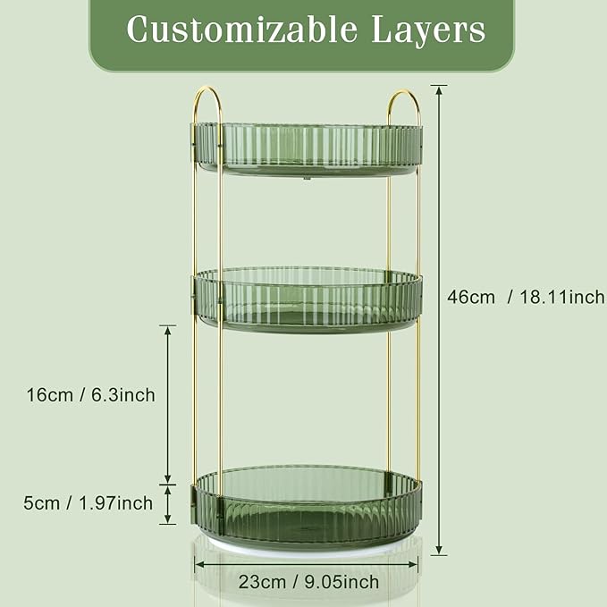 Boxalls Make up Organiser 360 Rotating 3 Tier Large Capacity Bathroom Organizer Cosmetics Vanity Storage Dressing Table Organiser Skincare Spinning Carousel for Skincare Perfume 3 Tiers Green
