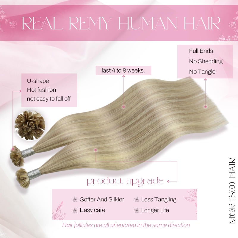 Moresoo K Tip Hair Extensions Human Hair Highlight Ash Blonde Mixed Bleach Blonde U Tip Hair Extensions Human Hair 50G/50S 20 Inch - Image 2