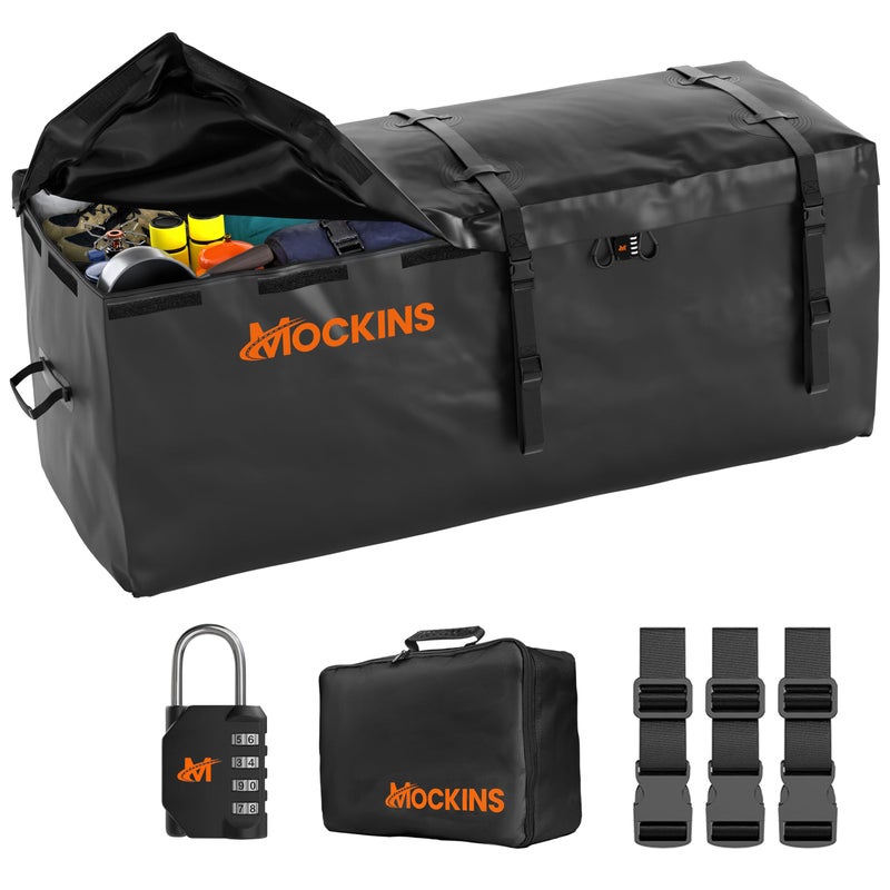 Mockins 16 CuFt Trailer Hitch Cargo Carrier Bag 58x20x24 Durable Vinyl Cargo Bag for Hitch Carrier Waterproof Truck Bed Storage Set wStraps Lock Weatherproof Vehicle Soft Shell Carriers