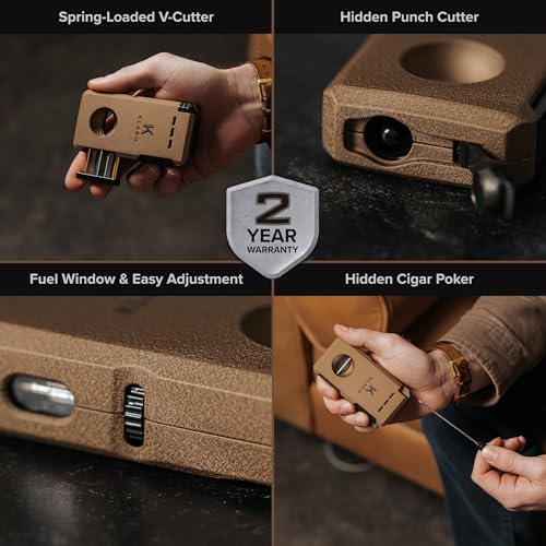 CASE ELEGANCE KLARO Double Torch Lighter and V-Cut Cutter, Spring-Loaded V-Cut, Swivel Protective Flame Cover, Hidden Poker, Gift-Ready with Silicone Sleeve, Coyote Brown Powder-Coated Finish, Lighter for Men - Image 2