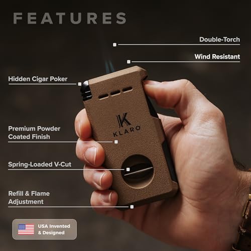 CASE ELEGANCE KLARO Double Torch Lighter and V-Cut Cutter, Spring-Loaded V-Cut, Swivel Protective Flame Cover, Hidden Poker, Gift-Ready with Silicone Sleeve, Coyote Brown Powder-Coated Finish, Lighter for Men - Image 3