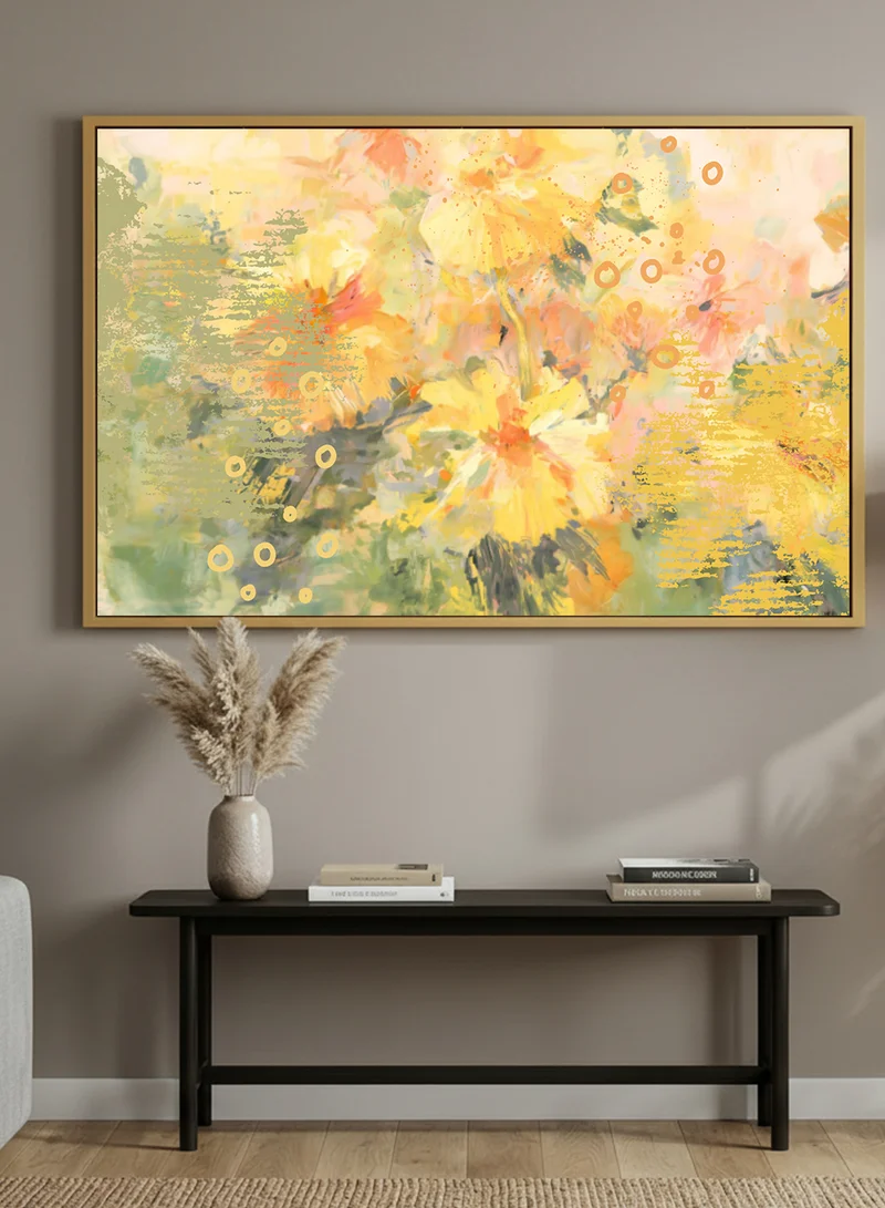 LOWHA Canvas Wall Art Stretched Over Wooden Frame with Gold Floating Frame and Abtract Flowers Design