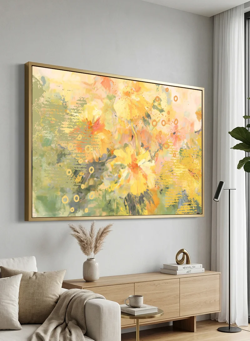 LOWHA Canvas Wall Art Stretched Over Wooden Frame with Gold Floating Frame and Abtract Flowers Design