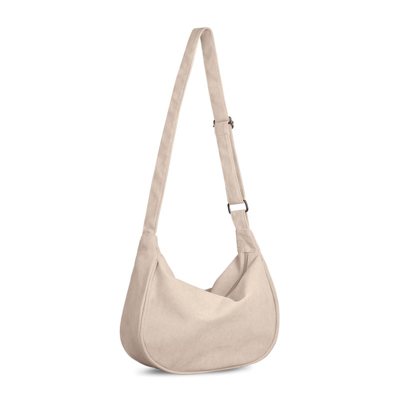 FITDON Corduroy Crescent Crossbody Bag for Women Men, Small Sling Hobos Crossbody Bag Dumpling Bag Crescent Purse with Adjustable Strap, Beige - Image 1