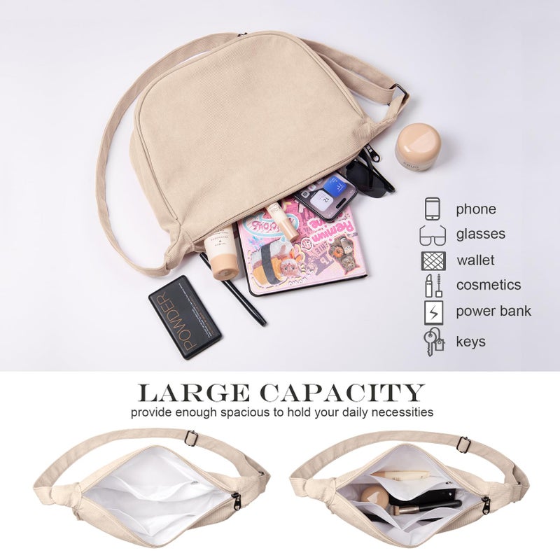 FITDON Corduroy Crescent Crossbody Bag for Women Men, Small Sling Hobos Crossbody Bag Dumpling Bag Crescent Purse with Adjustable Strap, Beige - Image 4