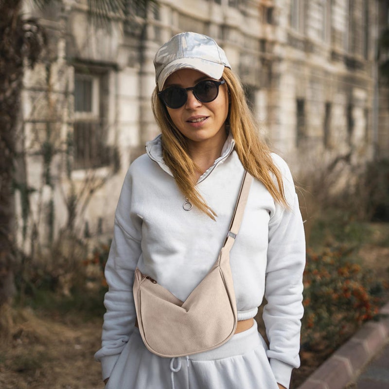 FITDON Corduroy Crescent Crossbody Bag for Women Men, Small Sling Hobos Crossbody Bag Dumpling Bag Crescent Purse with Adjustable Strap, Beige - Image 3
