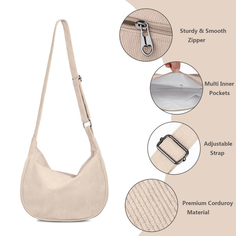FITDON Corduroy Crescent Crossbody Bag for Women Men, Small Sling Hobos Crossbody Bag Dumpling Bag Crescent Purse with Adjustable Strap, Beige - Image 5