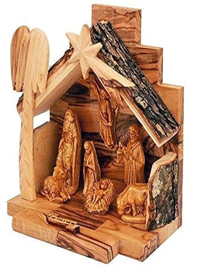 Jerusalem Olive Wood Nativity Set with Figurines, Bark Roof Stable Made in Bethlehem