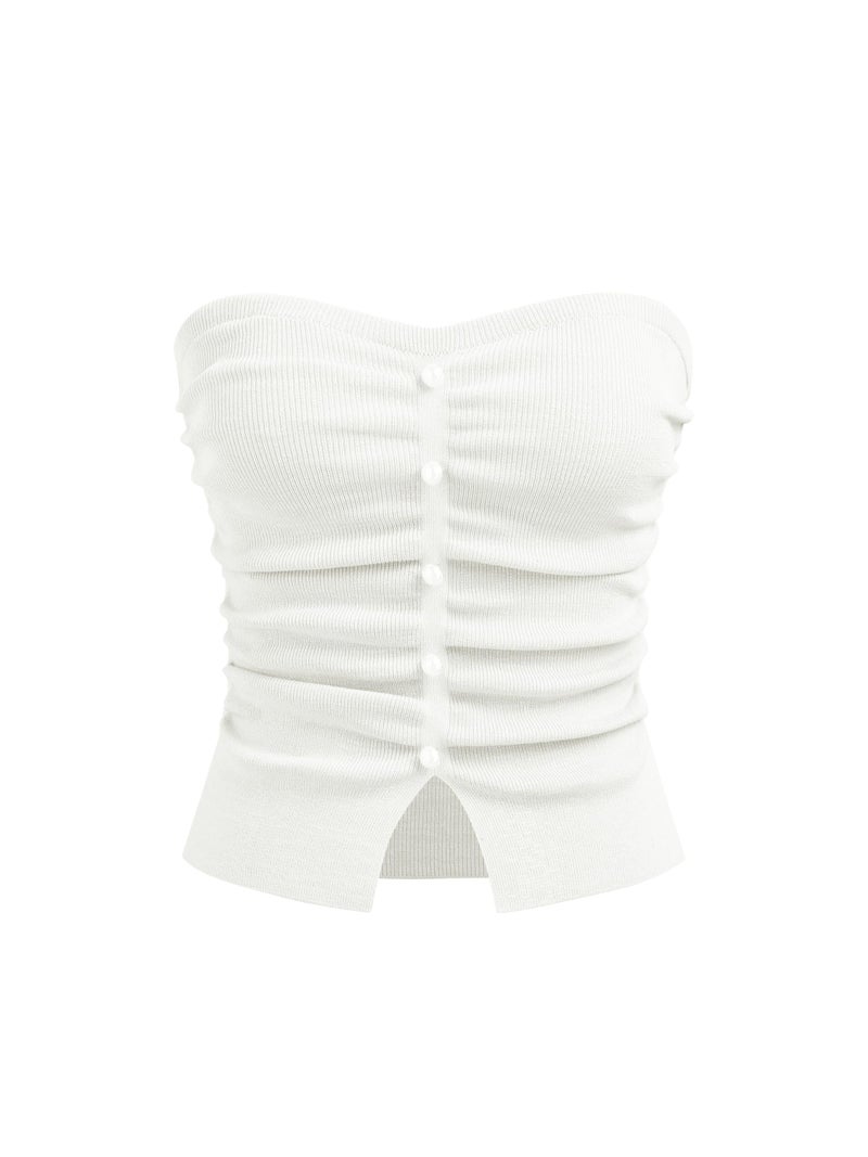 CIDER Faux Pearl Tube Tops for Women Crop Knit Split Hem Ruched Going Out Tops Cute Summer Outfits Y2K Beige - Image 1