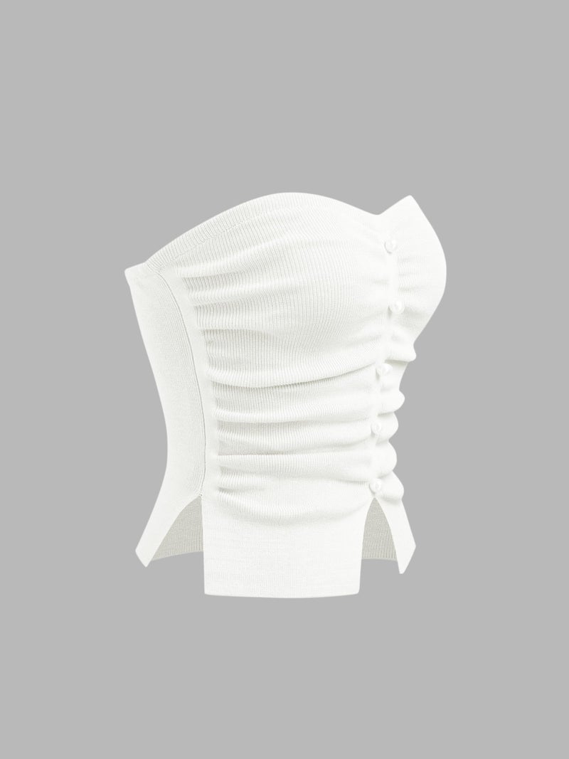 CIDER Faux Pearl Tube Tops for Women Crop Knit Split Hem Ruched Going Out Tops Cute Summer Outfits Y2K Beige - Image 2