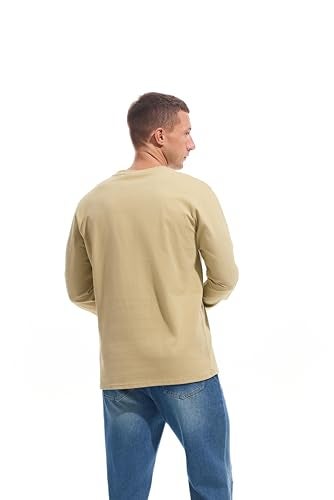VEIISAR Mens Heavy Weight Crew Neck Long Sleeve T Shirt Mens 100 Cotton Thick Pre Shrunk Shirts Khaki L - Image 3