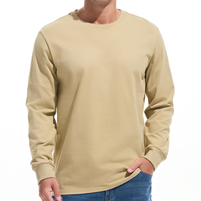 VEIISAR Mens Heavy Weight Crew Neck Long Sleeve T Shirt Mens 100 Cotton Thick Pre Shrunk Shirts Khaki L - Image 2