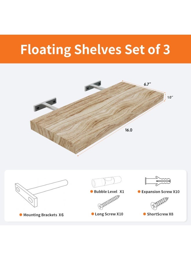eBasket 3-piece hanging wall shelf set, 13-inch natural wood wall shelves for home decoration, wall-mounted hanging display shelf for living room, bedroom, bathroom, kitchen and also office (wood color) - Image 3