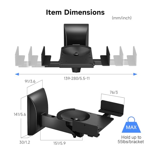 suptek Speaker Wall Mounts, Dual Speaker Stands for Surround Sound Speakers, Universal Bracket, Tilt Swivel Shelves Up to 55lbs Black (2 Pack) - Image 2