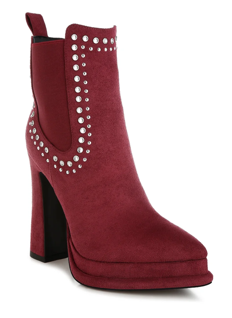 London Rag Studs Embellished High Ankle Boots in Burgundy